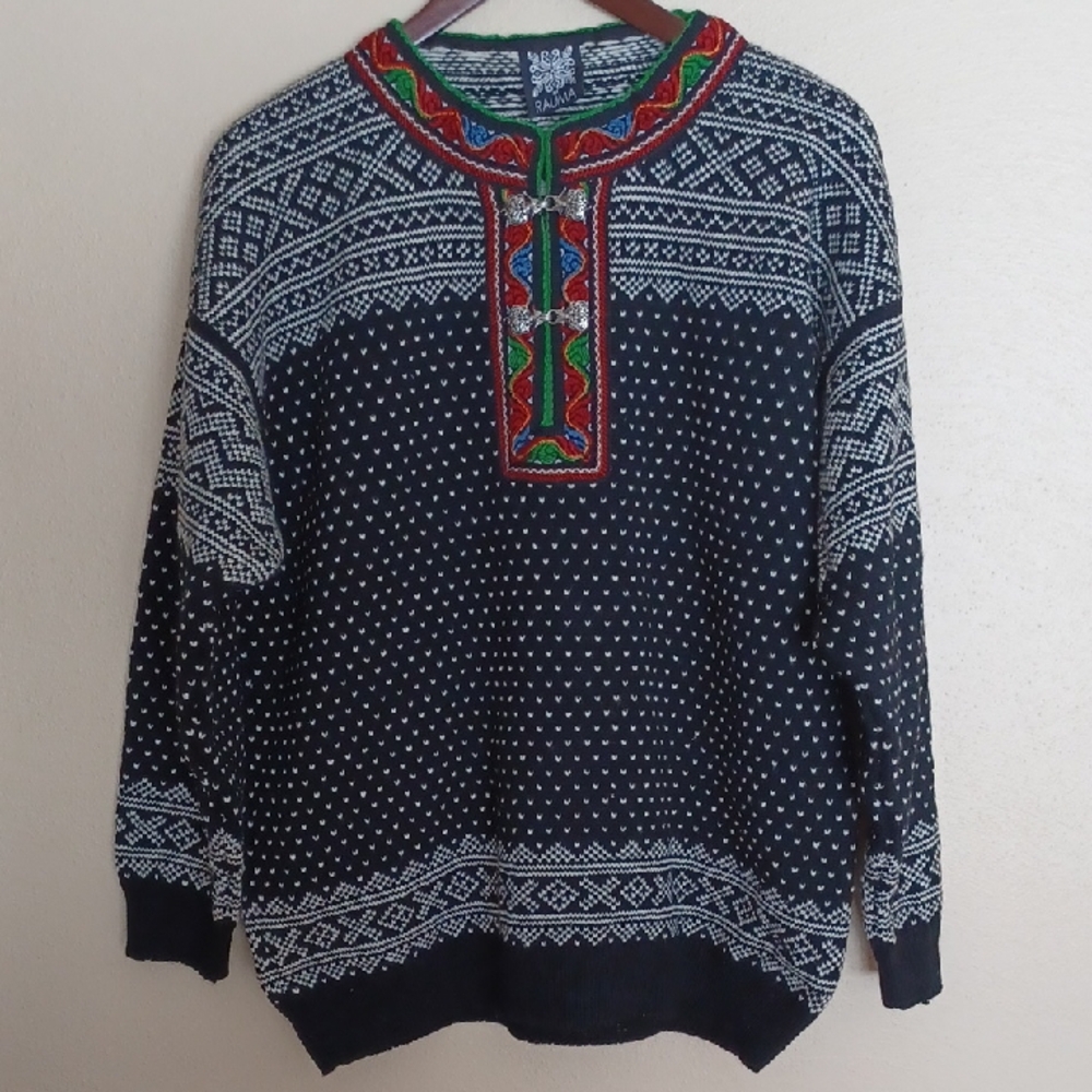 Rauma Norway Fair Isle Wool Sweater Black SZ M Scandinavian Nordic Handknit NEW